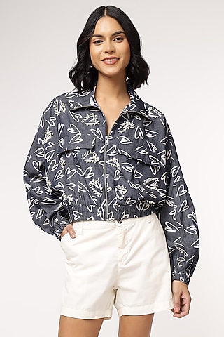 Blue Tencel Denim Heart Printed Bomber Jacket by Sakshi Khetterpal