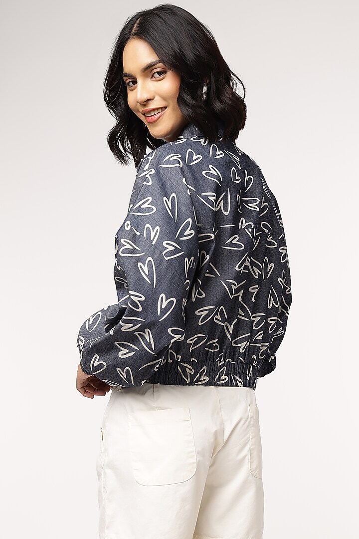 Blue Tencel Denim Heart Printed Bomber Jacket by Sakshi Khetterpal at Pernia's Pop Up Shop