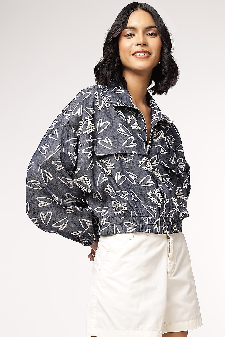 Blue Tencel Denim Heart Printed Bomber Jacket by Sakshi Khetterpal at Pernia's Pop Up Shop