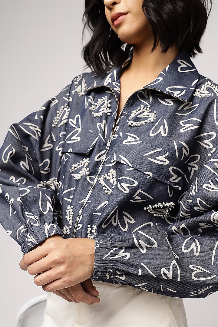 Blue Tencel Denim Heart Printed Bomber Jacket by Sakshi Khetterpal at Pernia's Pop Up Shop