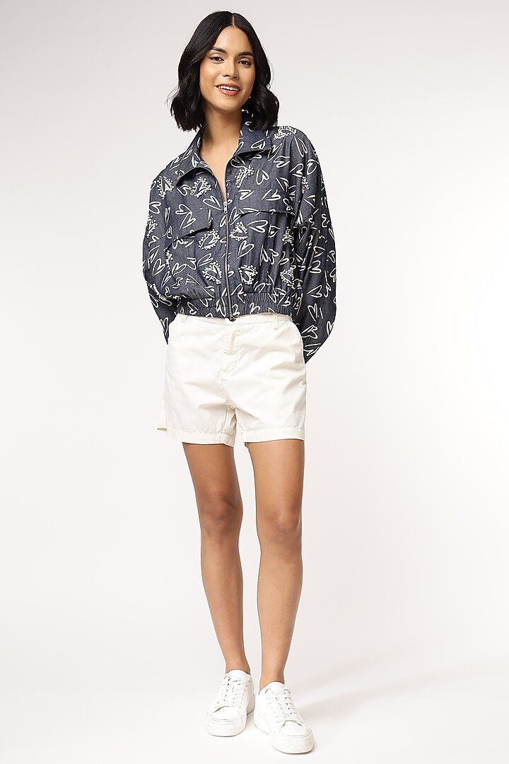 Blue Tencel Denim Heart Printed Bomber Jacket by Sakshi Khetterpal at Pernia's Pop Up Shop