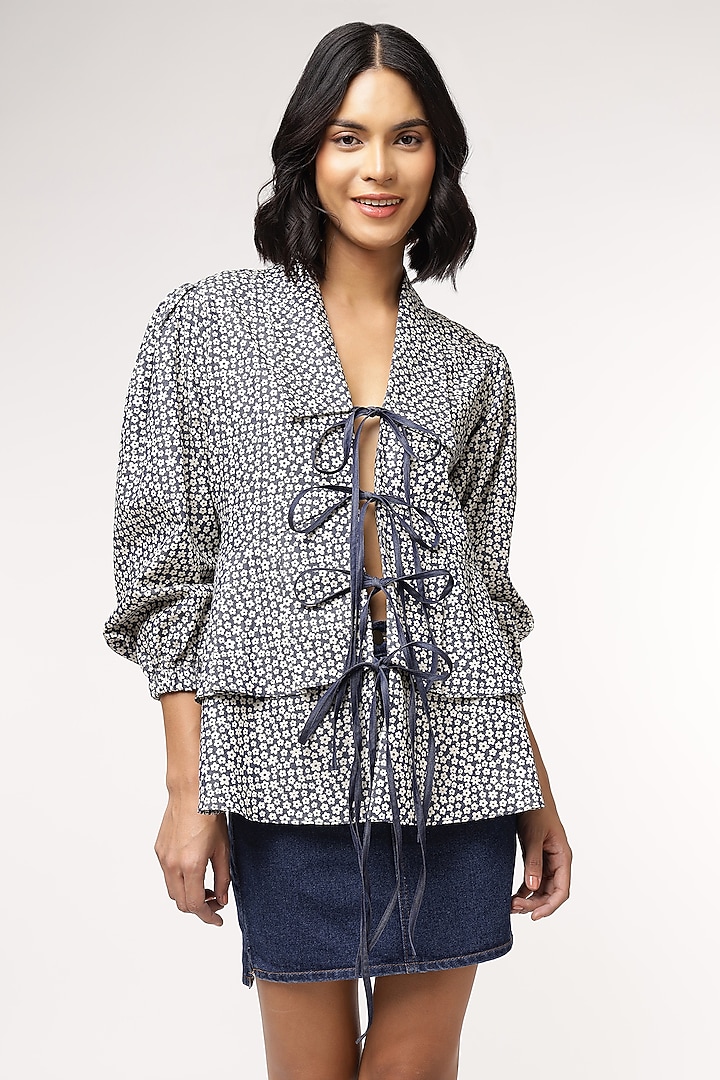 Blue Tencel Denim Floral Printed Peplum Top by Sakshi Khetterpal at Pernia's Pop Up Shop