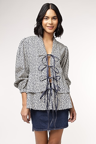 Blue Tencel Denim Floral Printed Peplum Top by Sakshi Khetterpal