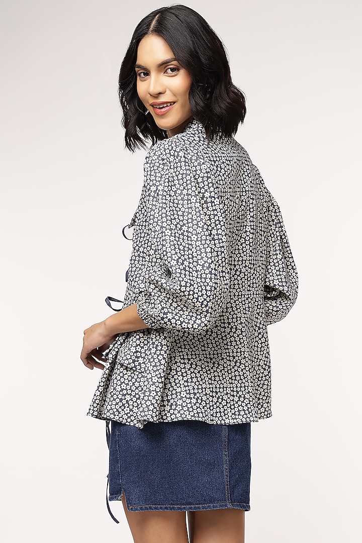 Blue Tencel Denim Floral Printed Peplum Top by Sakshi Khetterpal at Pernia's Pop Up Shop