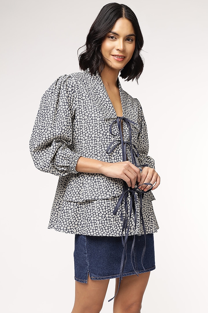 Blue Tencel Denim Floral Printed Peplum Top by Sakshi Khetterpal at Pernia's Pop Up Shop