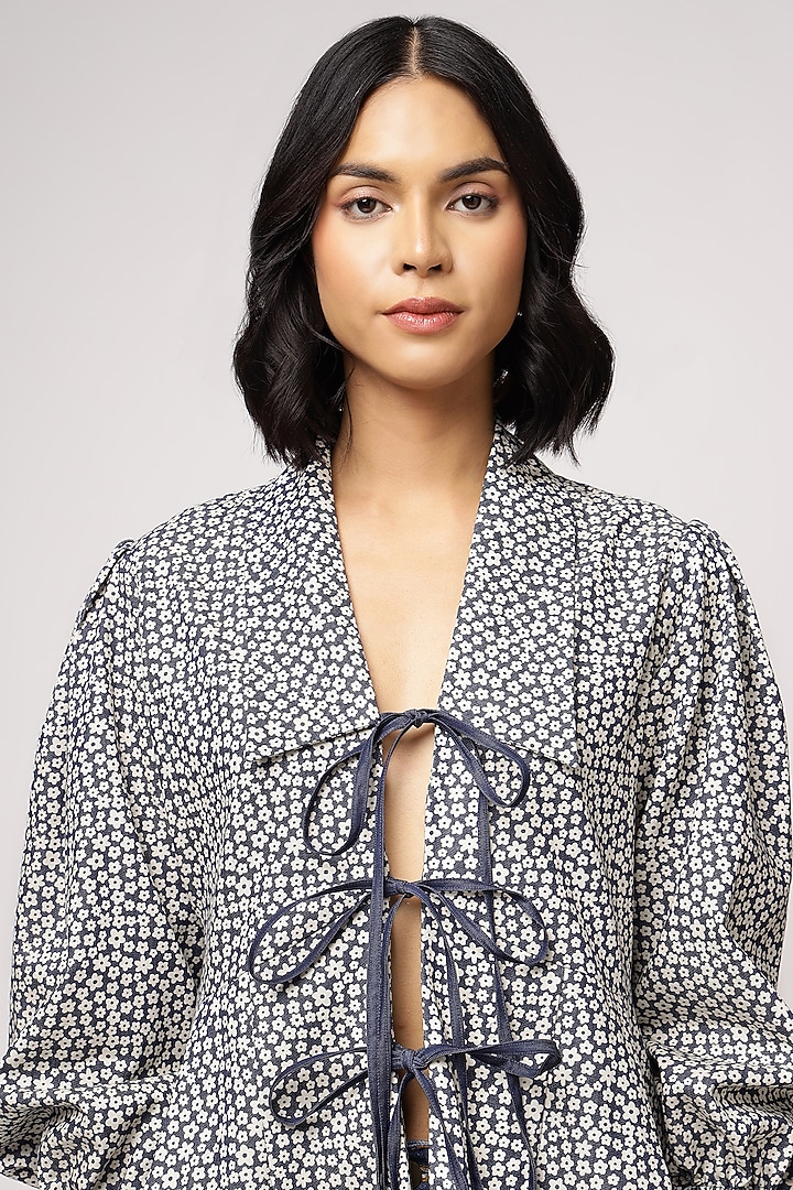 Blue Tencel Denim Floral Printed Peplum Top by Sakshi Khetterpal at Pernia's Pop Up Shop