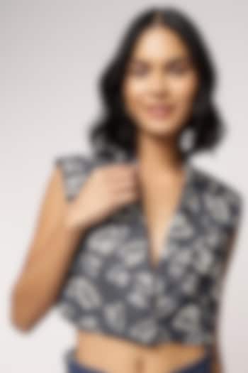 Blue Tencel Denim Heart Printed Sleeveless Jacket by Sakshi Khetterpal at Pernia's Pop Up Shop