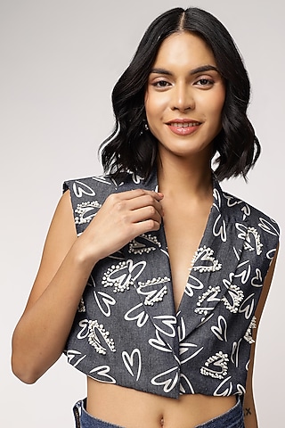 Blue Tencel Denim Heart Printed Sleeveless Jacket by Sakshi Khetterpal