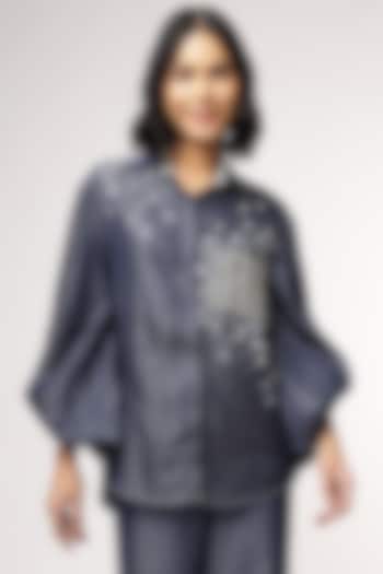 Blue Tencel Denim Oversized High-Low Shirt by Sakshi Khetterpal at Pernia's Pop Up Shop