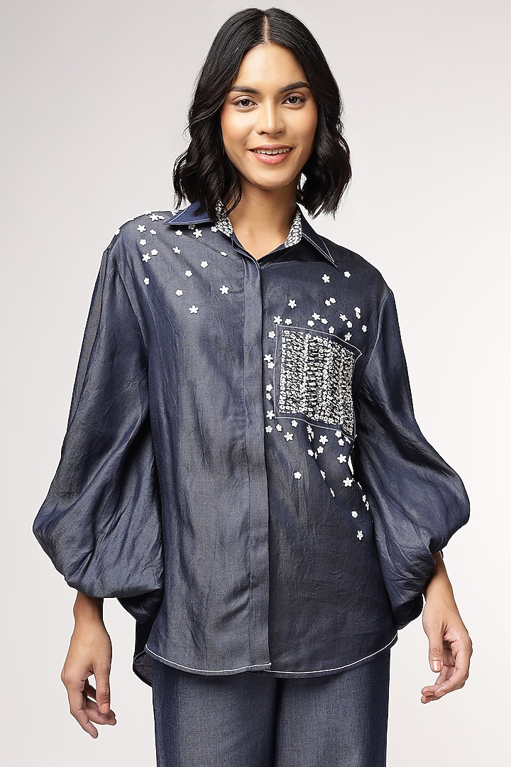 Blue Tencel Denim Oversized High-Low Shirt by Sakshi Khetterpal at Pernia's Pop Up Shop