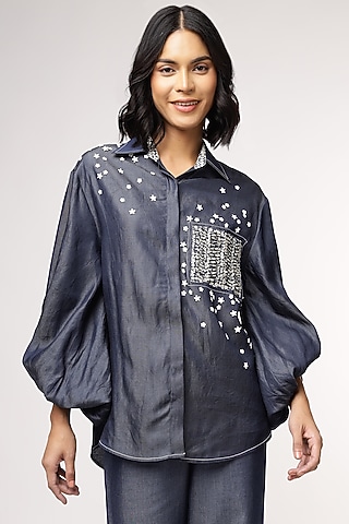 Blue Tencel Denim Oversized High-Low Shirt by Sakshi Khetterpal