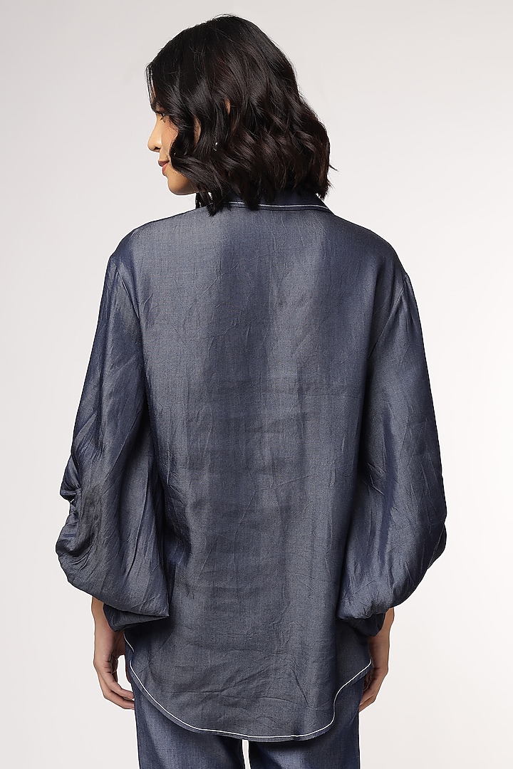 Blue Tencel Denim Oversized High-Low Shirt by Sakshi Khetterpal at Pernia's Pop Up Shop