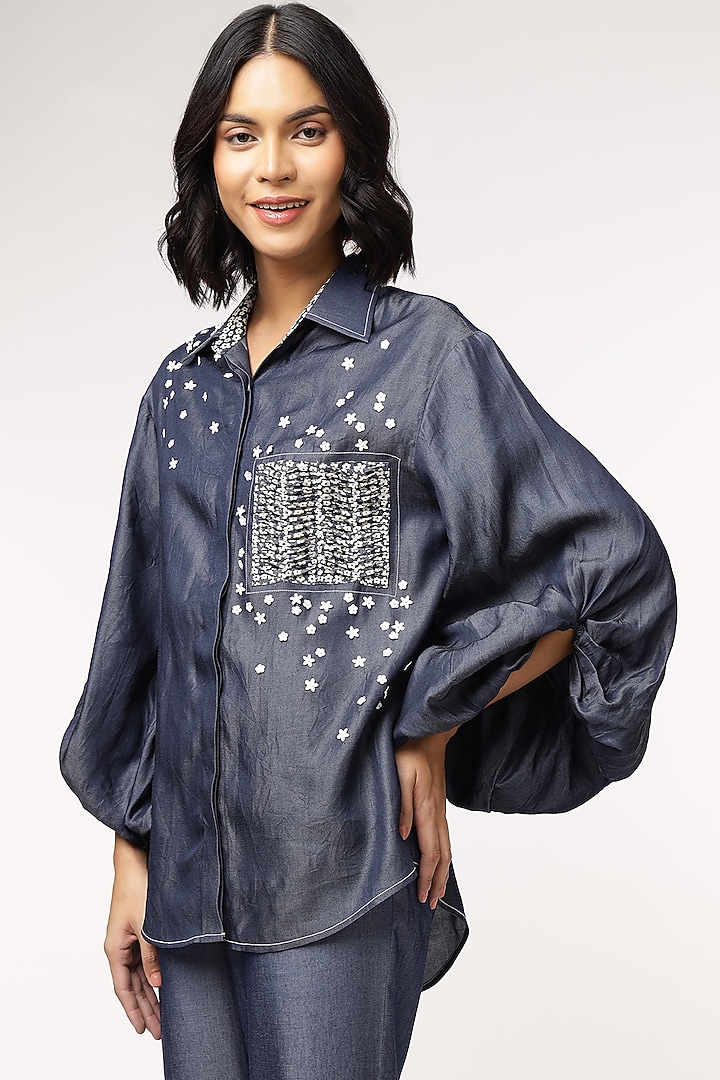 Blue Tencel Denim Oversized High-Low Shirt by Sakshi Khetterpal at Pernia's Pop Up Shop
