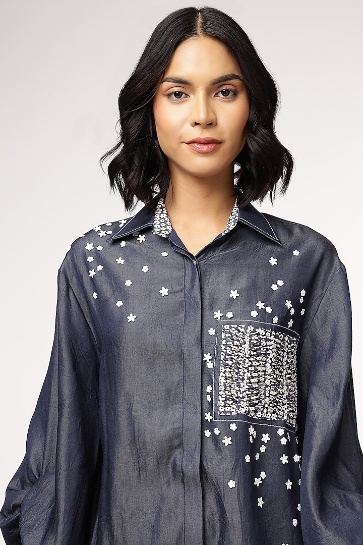 Blue Tencel Denim Oversized High-Low Shirt by Sakshi Khetterpal at Pernia's Pop Up Shop