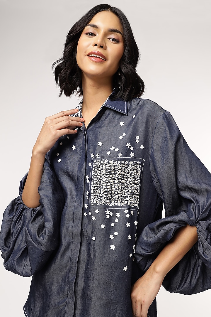 Blue Tencel Denim Oversized High-Low Shirt by Sakshi Khetterpal at Pernia's Pop Up Shop