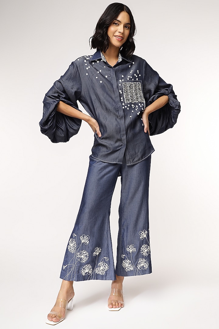 Blue Tencel Denim Oversized High-Low Shirt by Sakshi Khetterpal at Pernia's Pop Up Shop