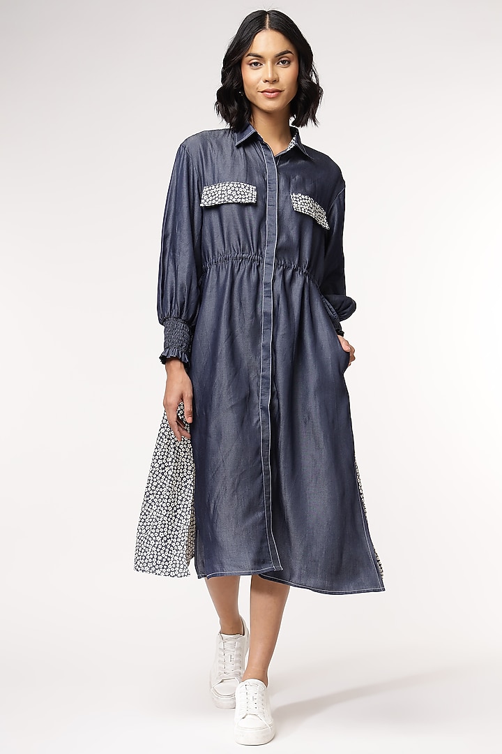 Blue Tencel Denim Floral Printed Midi Summer Dress by Sakshi Khetterpal at Pernia's Pop Up Shop