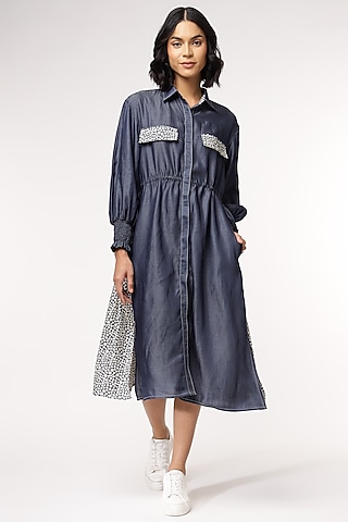 Blue Tencel Denim Floral Printed Midi Dress by Sakshi Khetterpal