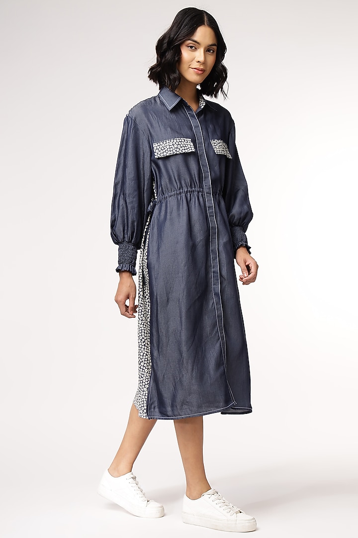 Blue Tencel Denim Floral Printed Midi Summer Dress by Sakshi Khetterpal at Pernia's Pop Up Shop