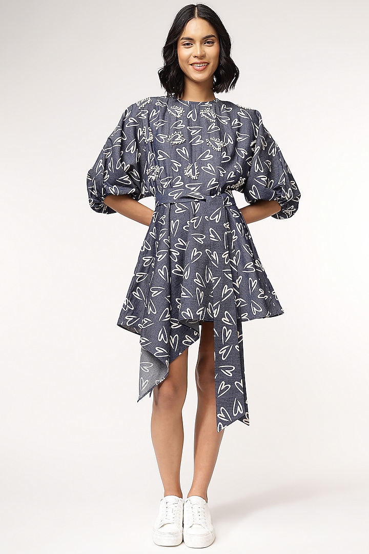 Blue Tencel Denim Heart Printed Asymmetric Mini Summer Dress With Belt by Sakshi Khetterpal at Pernia's Pop Up Shop