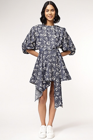 Blue Tencel Denim Heart Printed Asymmetric Mini Dress With Belt by Sakshi Khetterpal