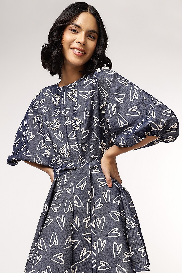 Blue Tencel Denim Heart Printed Asymmetric Mini Summer Dress With Belt by Sakshi Khetterpal at Pernia's Pop Up Shop