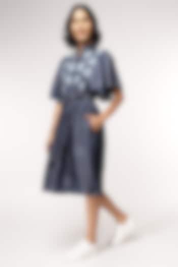 Blue Tencel Denim Floral Embroidered Vacation Dress With Belt by Sakshi Khetterpal at Pernia's Pop Up Shop