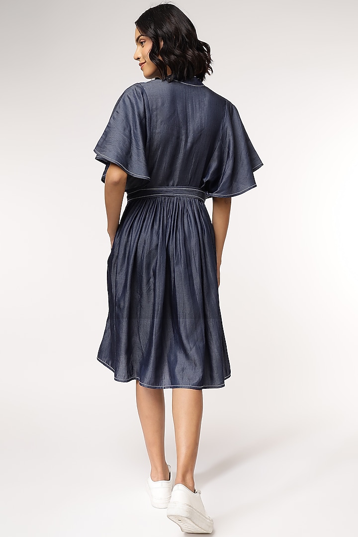 Blue Tencel Denim Floral Embroidered Vacation Dress With Belt by Sakshi Khetterpal at Pernia's Pop Up Shop