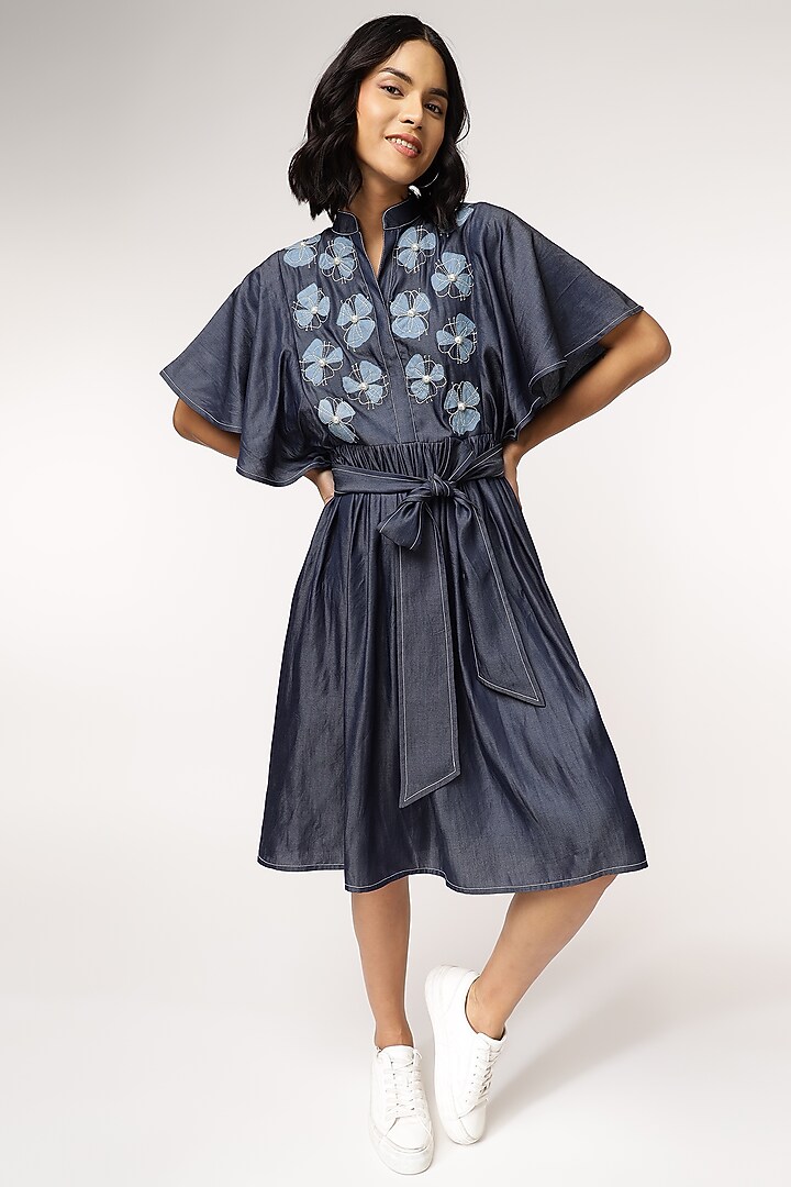 Blue Tencel Denim Floral Embroidered Vacation Dress With Belt by Sakshi Khetterpal at Pernia's Pop Up Shop