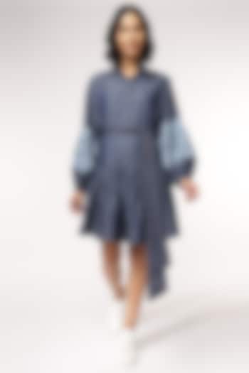 Blue Tencel Denim Cutwork Embroidered Shirt Vacation Dress With Belt by Sakshi Khetterpal at Pernia's Pop Up Shop