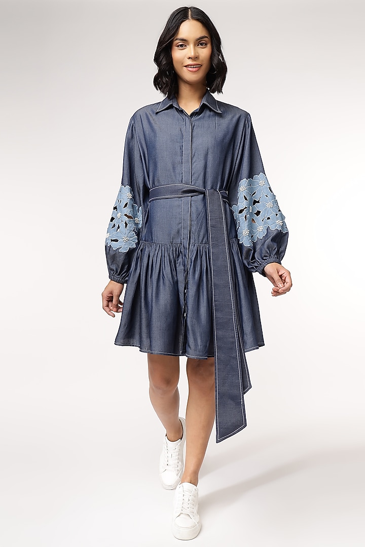 Blue Tencel Denim Cutwork Embroidered Shirt Vacation Dress With Belt by Sakshi Khetterpal at Pernia's Pop Up Shop