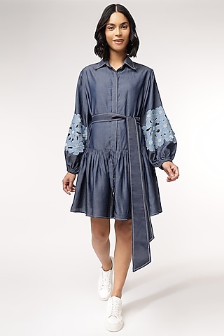 Blue Tencel Denim Cutwork Embroidered Shirt Dress With Belt by Sakshi Khetterpal