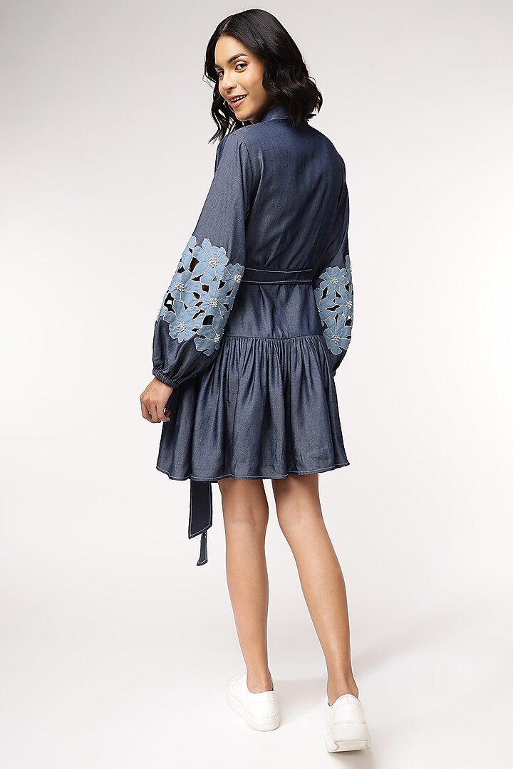 Blue Tencel Denim Cutwork Embroidered Shirt Vacation Dress With Belt by Sakshi Khetterpal at Pernia's Pop Up Shop