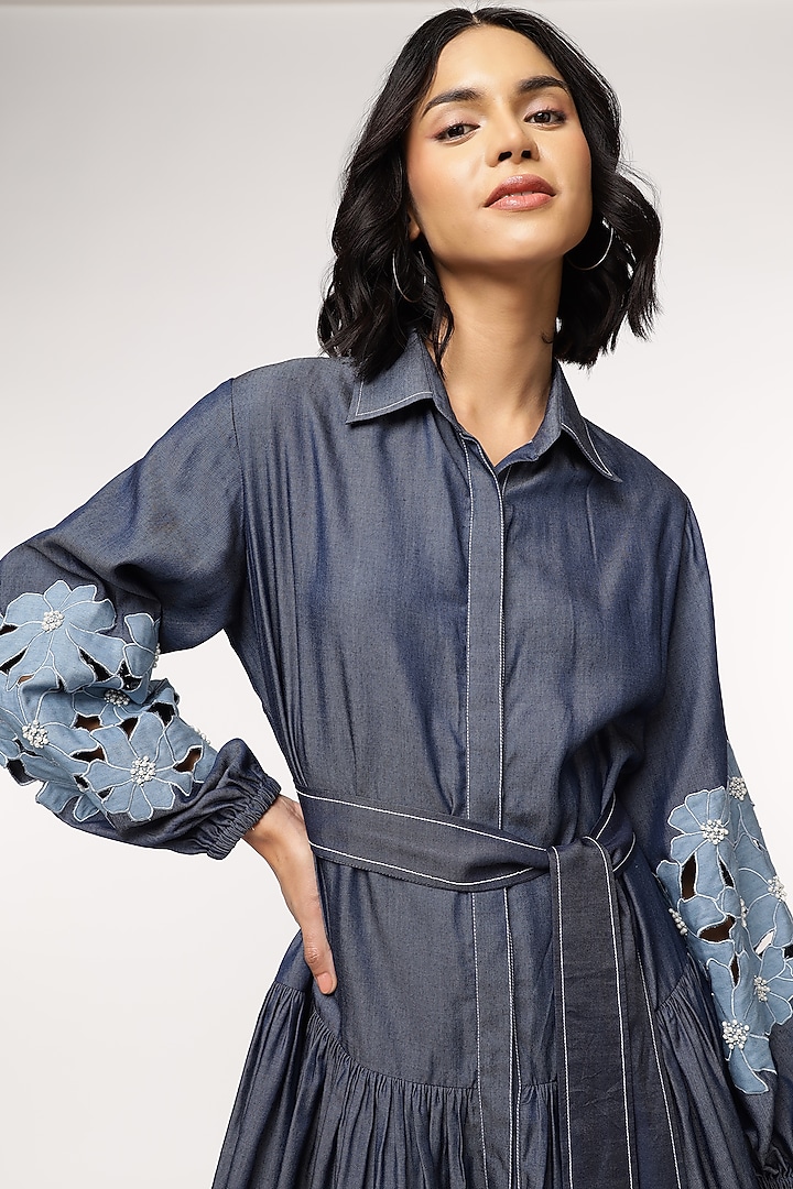 Blue Tencel Denim Cutwork Embroidered Shirt Vacation Dress With Belt by Sakshi Khetterpal at Pernia's Pop Up Shop