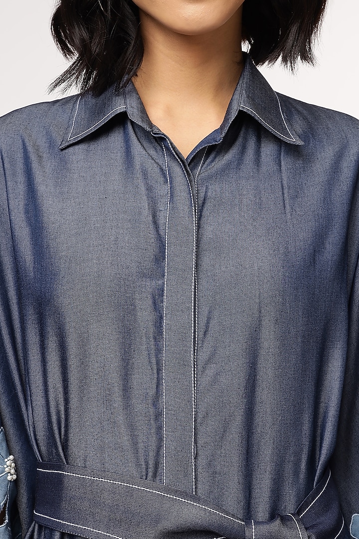 Blue Tencel Denim Cutwork Embroidered Shirt Vacation Dress With Belt by Sakshi Khetterpal at Pernia's Pop Up Shop