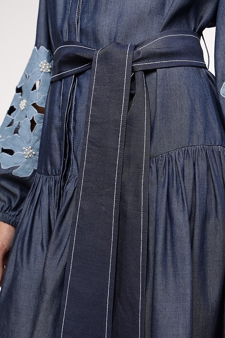 Blue Tencel Denim Cutwork Embroidered Shirt Vacation Dress With Belt by Sakshi Khetterpal at Pernia's Pop Up Shop