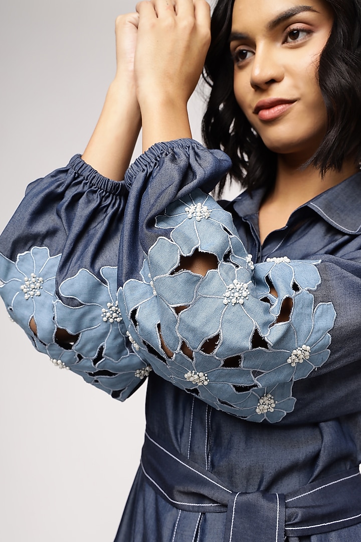Blue Tencel Denim Cutwork Embroidered Shirt Vacation Dress With Belt by Sakshi Khetterpal at Pernia's Pop Up Shop