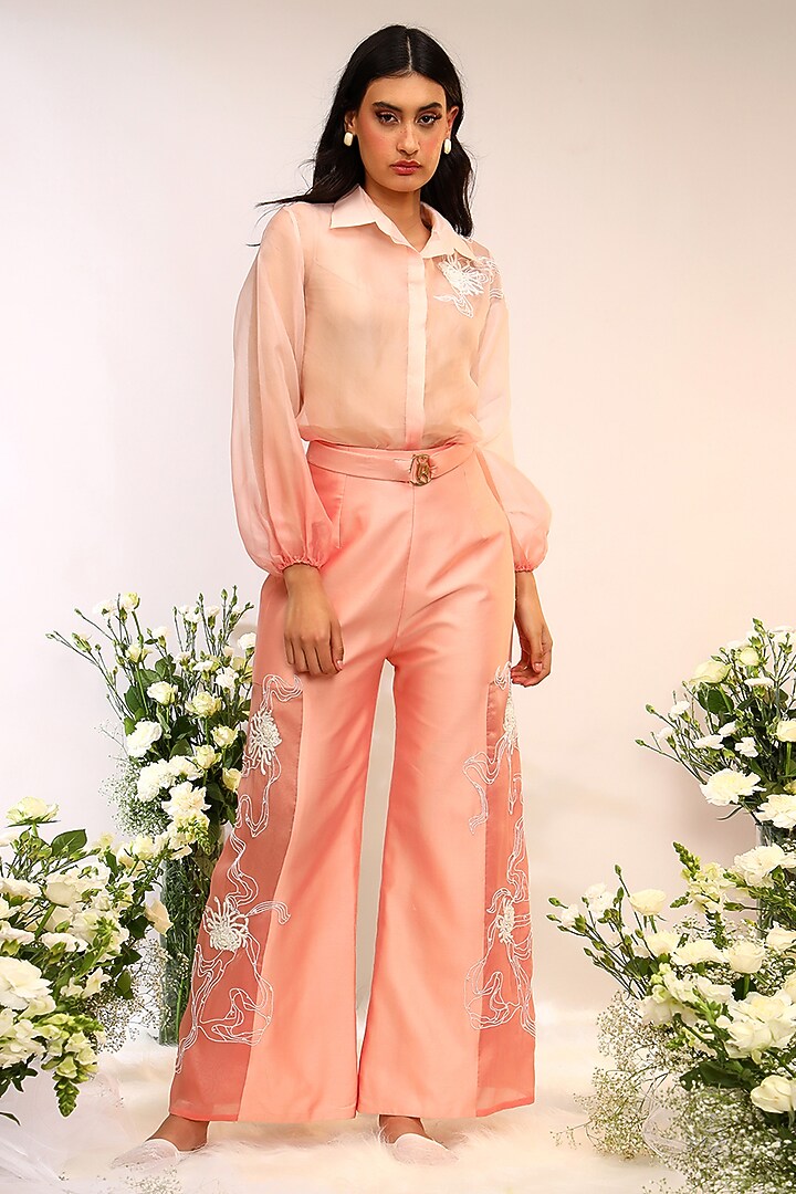 Peach Fuzz Organza Hand & Machine Embroidered Co-Ord Set by Sakshi Khetterpal at Pernia's Pop Up Shop