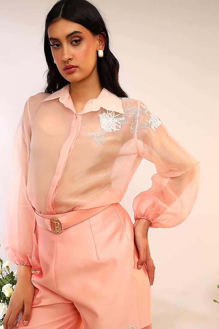 Peach Fuzz Organza Hand & Machine Embroidered Co-Ord Set by Sakshi Khetterpal at Pernia's Pop Up Shop