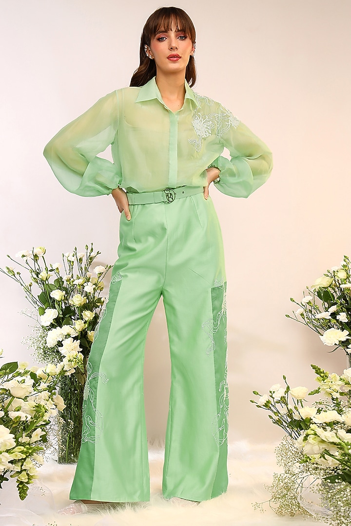 Kiwi Green Organza Hand & Machine Embroidered Co-Ord Set by Sakshi Khetterpal at Pernia's Pop Up Shop