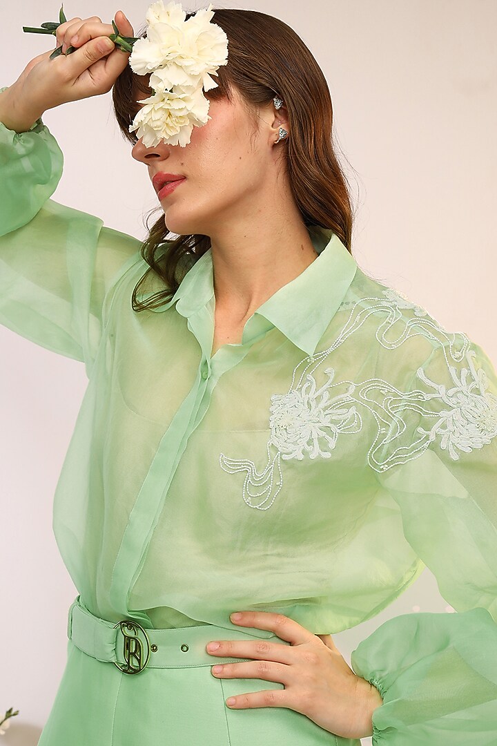 Kiwi Green Organza Hand & Machine Embroidered Co-Ord Set by Sakshi Khetterpal at Pernia's Pop Up Shop