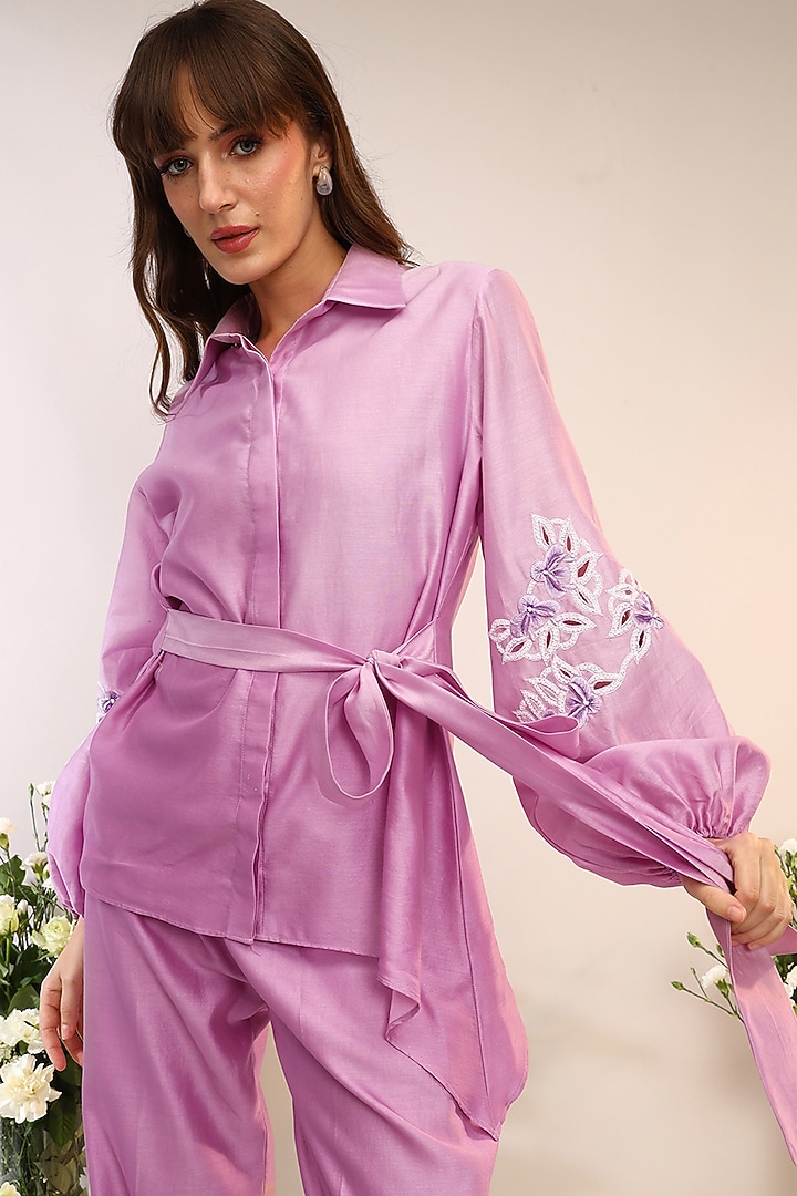 Berry Purple Chanderi Silk Hand Embroidered Co-Ord Set by Sakshi Khetterpal at Pernia's Pop Up Shop