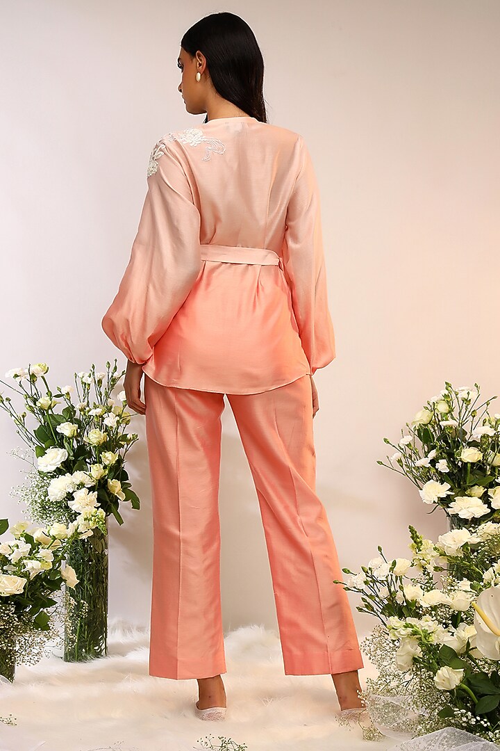 Peach Fuzz Chanderi Silk Hand & Machine Embroidered Co-Ord Set by Sakshi Khetterpal at Pernia's Pop Up Shop