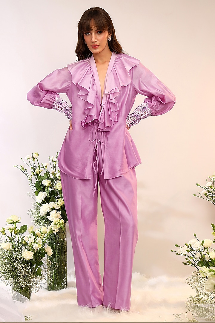 Berry Purple Chanderi Silk Hand & Machine Embroidered Co-Ord Set by Sakshi Khetterpal at Pernia's Pop Up Shop