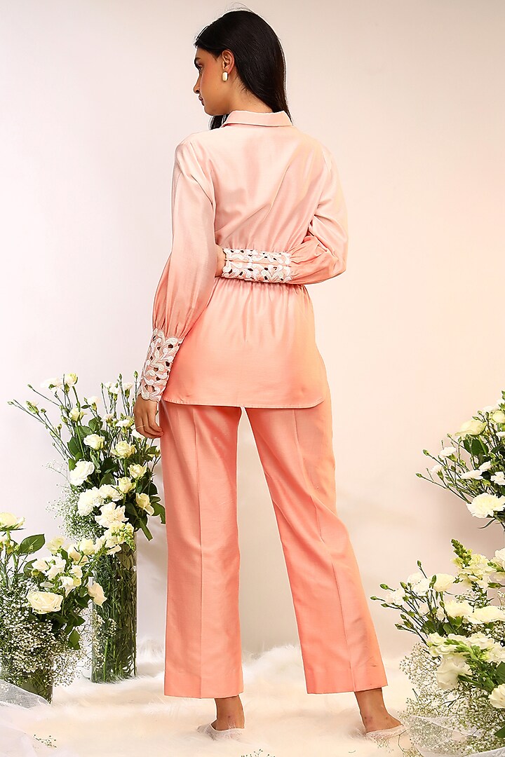 Peach Fuzz Chanderi Silk Hand & Machine Embroidered Co-Ord Set by Sakshi Khetterpal at Pernia's Pop Up Shop