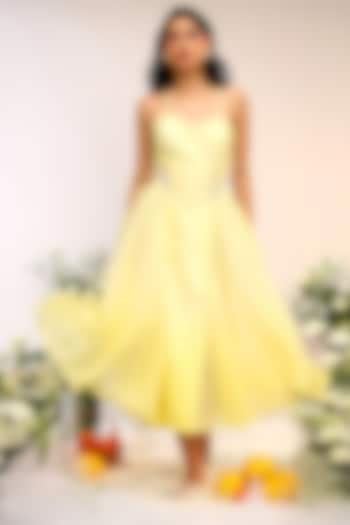 Citrus Yellow Chanderi Silk Hand Embroidered Midi Cocktail Dress by Sakshi Khetterpal at Pernia's Pop Up Shop