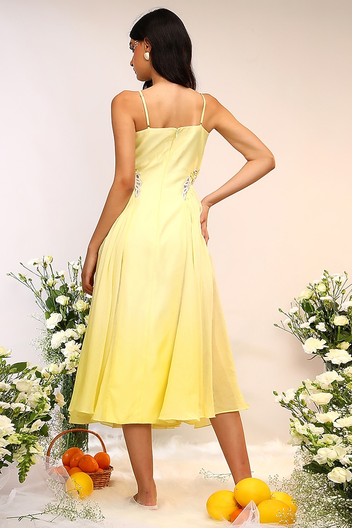 Citrus Yellow Chanderi Silk Hand Embroidered Midi Cocktail Dress by Sakshi Khetterpal at Pernia's Pop Up Shop