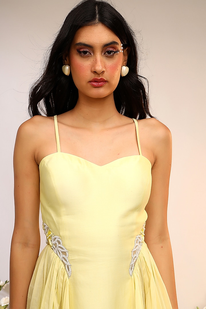 Citrus Yellow Chanderi Silk Hand Embroidered Midi Cocktail Dress by Sakshi Khetterpal at Pernia's Pop Up Shop