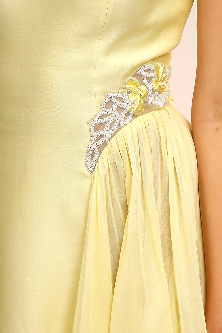 Citrus Yellow Chanderi Silk Hand Embroidered Midi Cocktail Dress by Sakshi Khetterpal at Pernia's Pop Up Shop