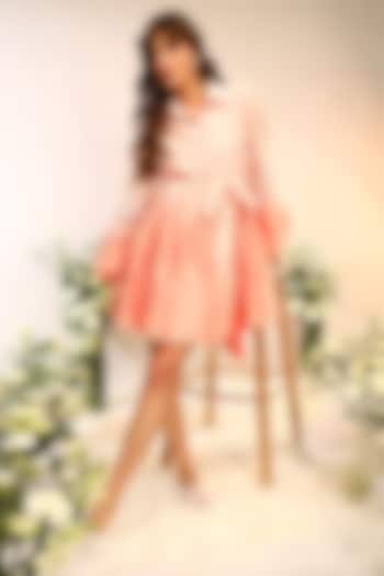 Peach Fuzz Chanderi Silk Hand & Machine Embroidered Mini Vacation Shirt Dress by Sakshi Khetterpal at Pernia's Pop Up Shop